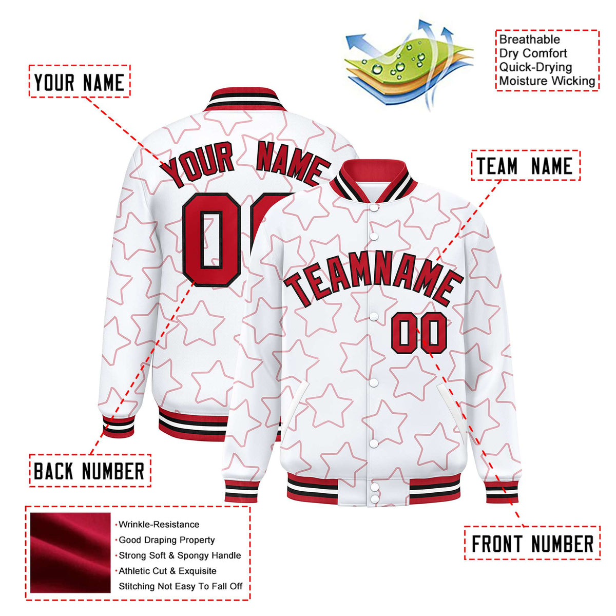 Custom White Red Varsity Full-Snap Star Pattern Letterman Baseball Jacket