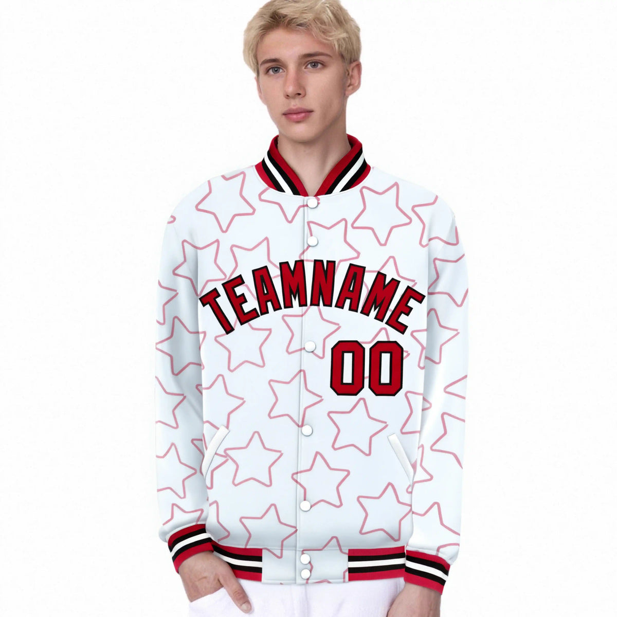 Custom White Red Varsity Full-Snap Star Pattern Letterman Baseball Jacket