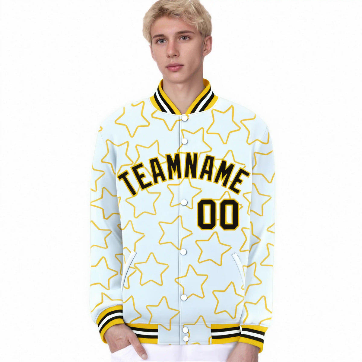 Custom White Black Varsity Full-Snap Star Pattern Letterman Baseball Jacket