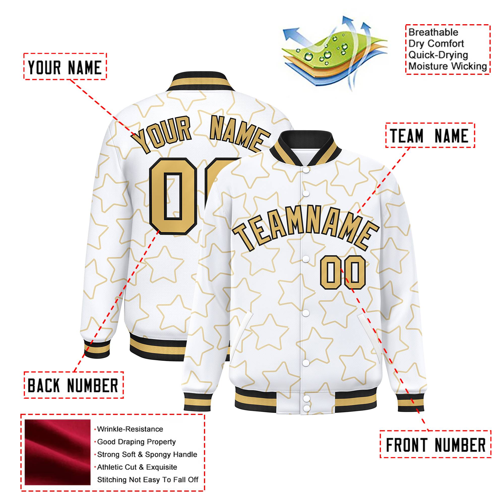 Custom White-Old Gold Varsity Full-Snap Star Pattern Letterman Baseball Jacket