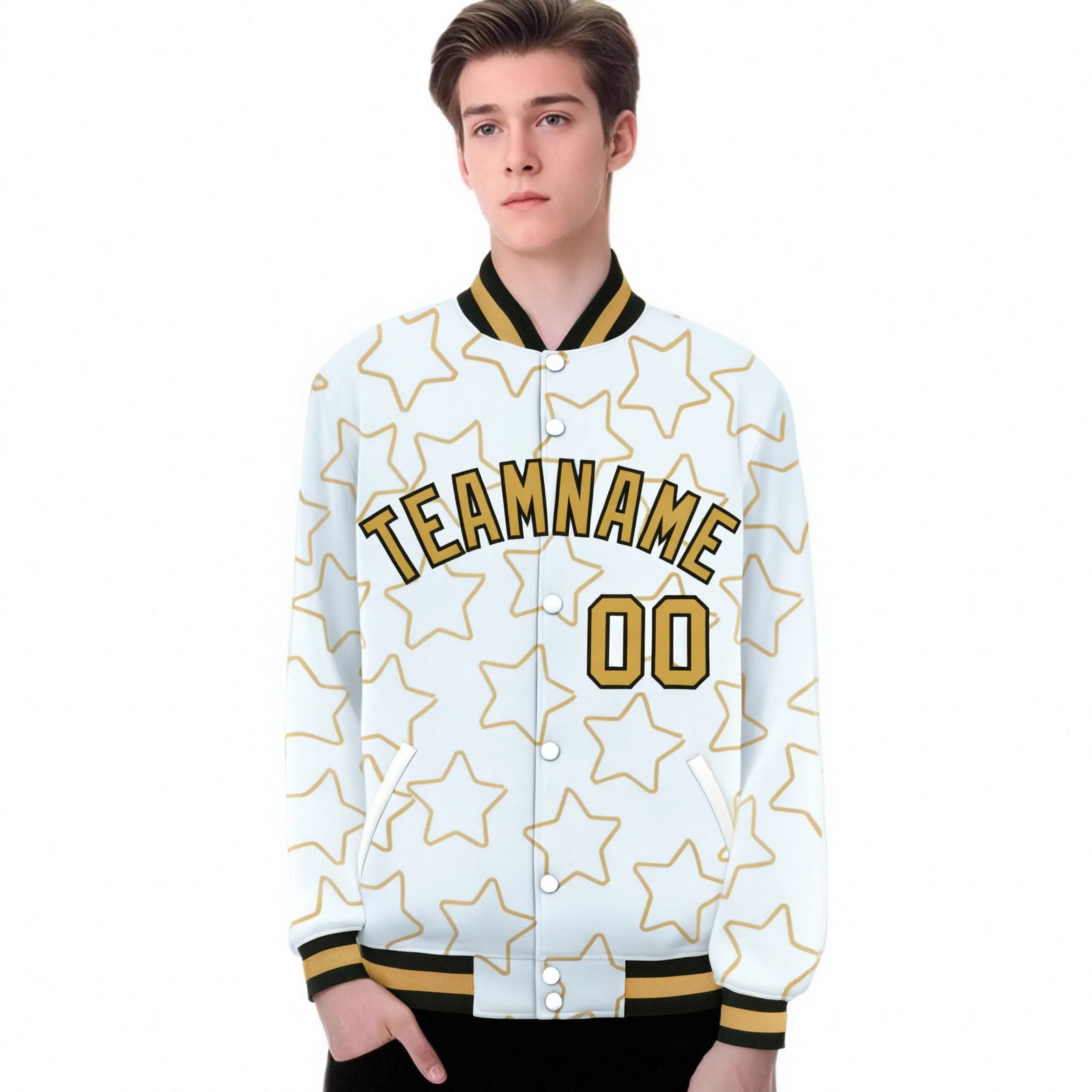 Custom White-Old Gold Varsity Full-Snap Star Pattern Letterman Baseball Jacket