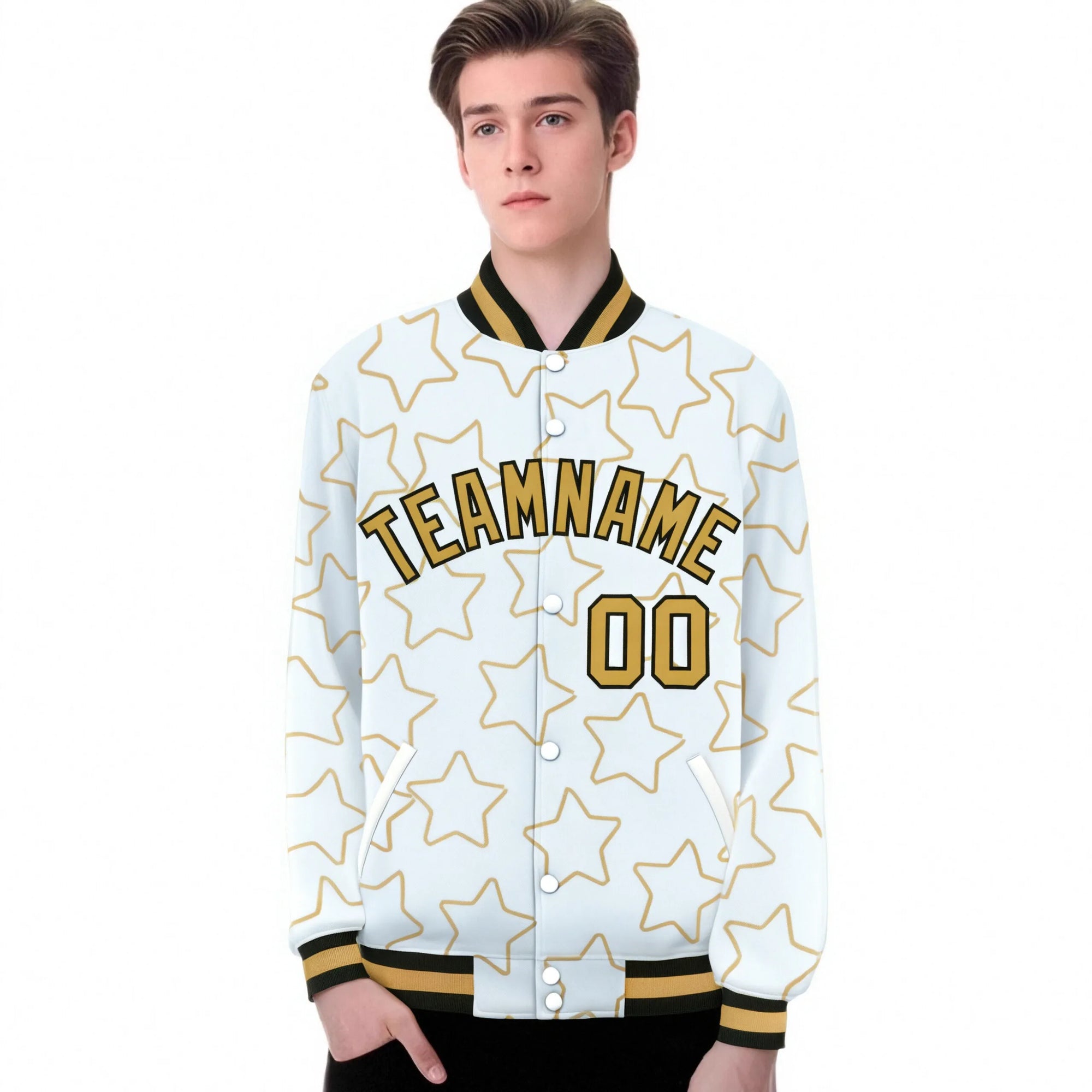 Custom White-Old Gold Varsity Full-Snap Star Pattern Letterman Baseball Jacket