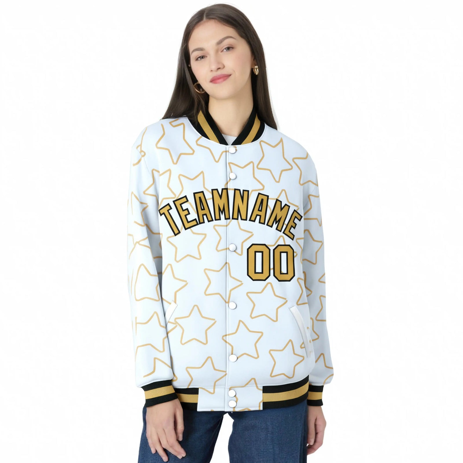 Custom White-Old Gold Varsity Full-Snap Star Pattern Letterman Baseball Jacket