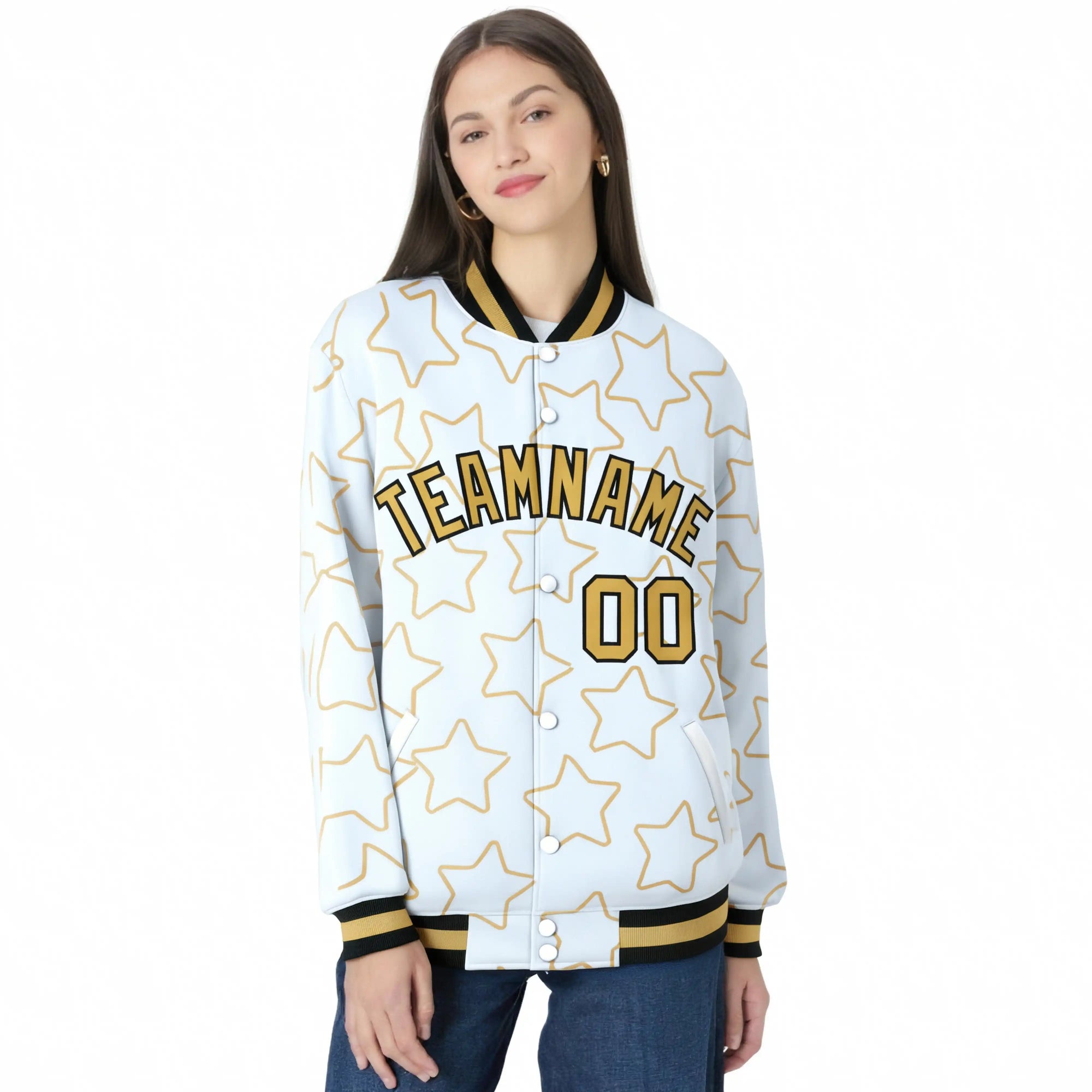 Custom White-Old Gold Varsity Full-Snap Star Pattern Letterman Baseball Jacket