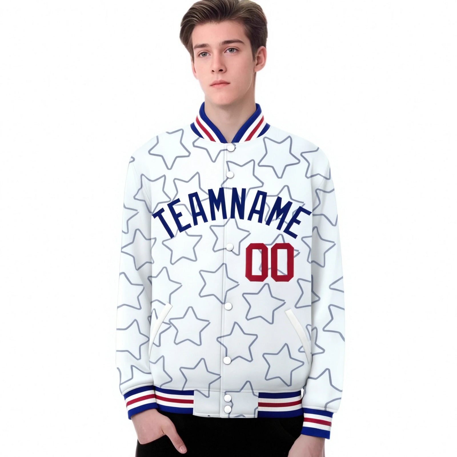 Custom White Royal Blue-Red Varsity Full-Snap Star Pattern Letterman Baseball Jacket