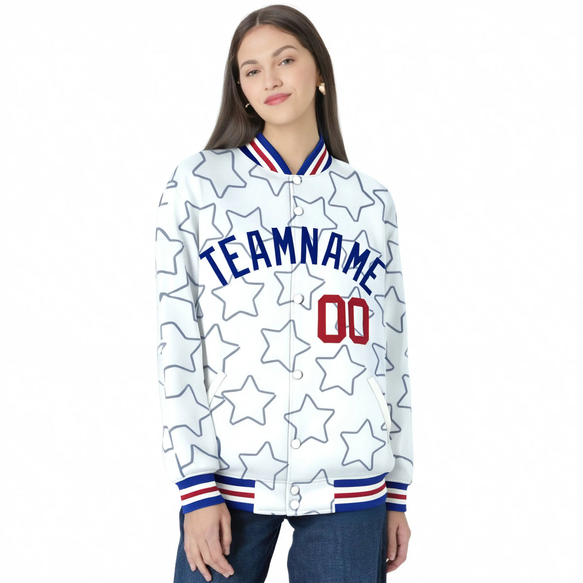Custom White Royal Blue-Red Varsity Full-Snap Star Pattern Letterman Baseball Jacket