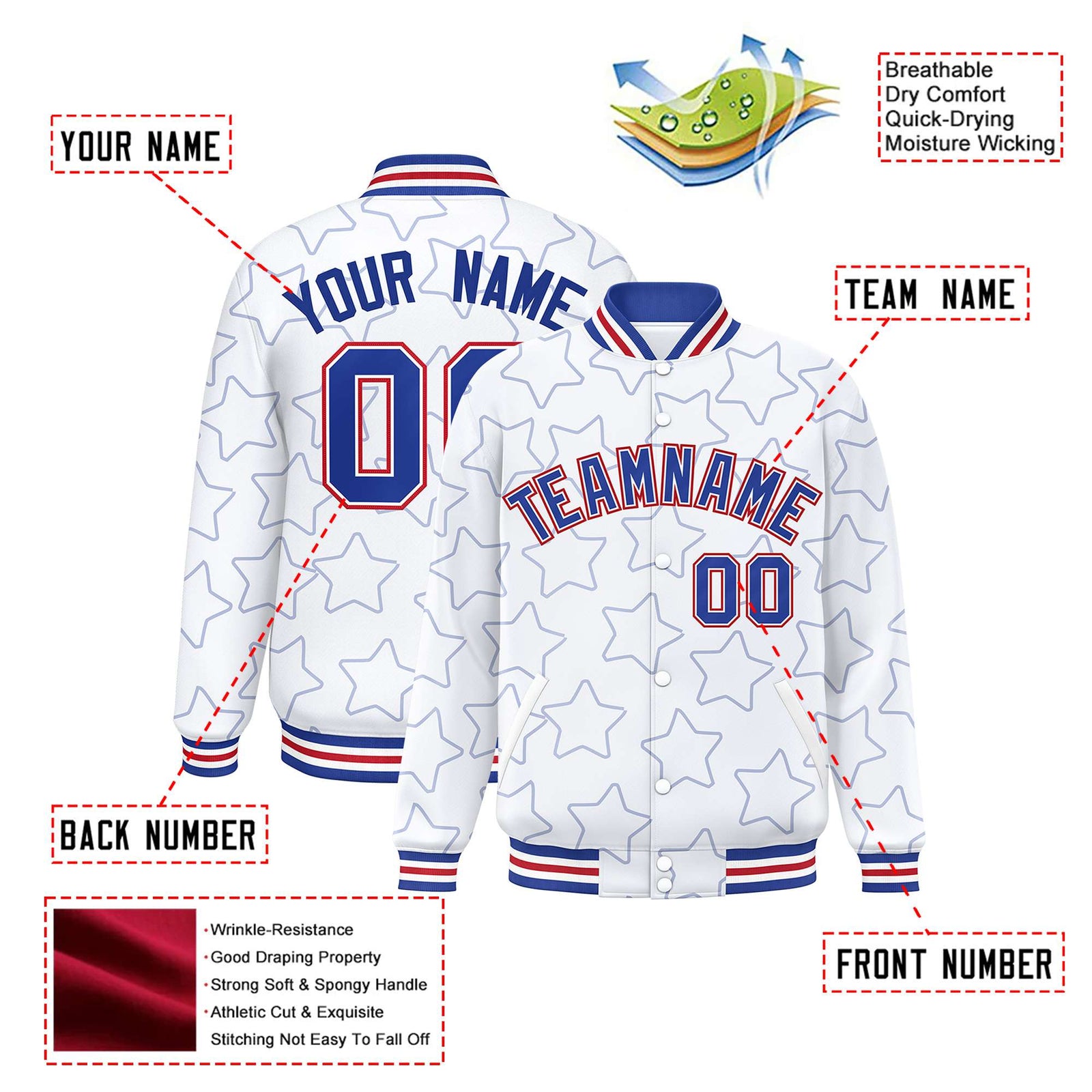 Custom White Royal Blue-Royal Blue Varsity Full-Snap Star Pattern Letterman Baseball Jacket