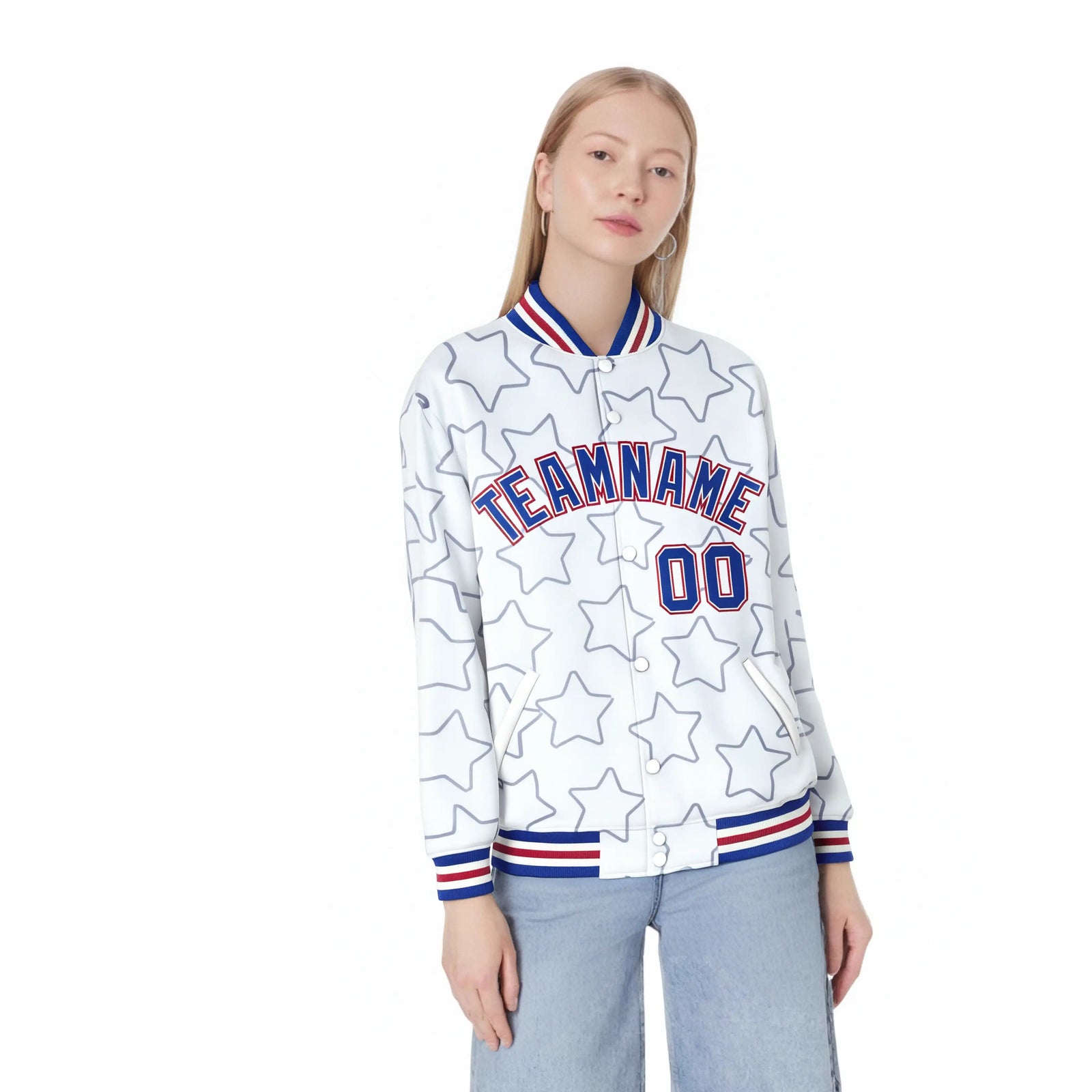 Custom White Royal Blue-Royal Blue Varsity Full-Snap Star Pattern Letterman Baseball Jacket