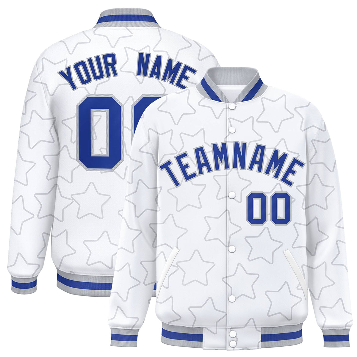 Custom White Royal Blue-Gray Varsity Full-Snap Star Pattern Letterman Baseball Jacket