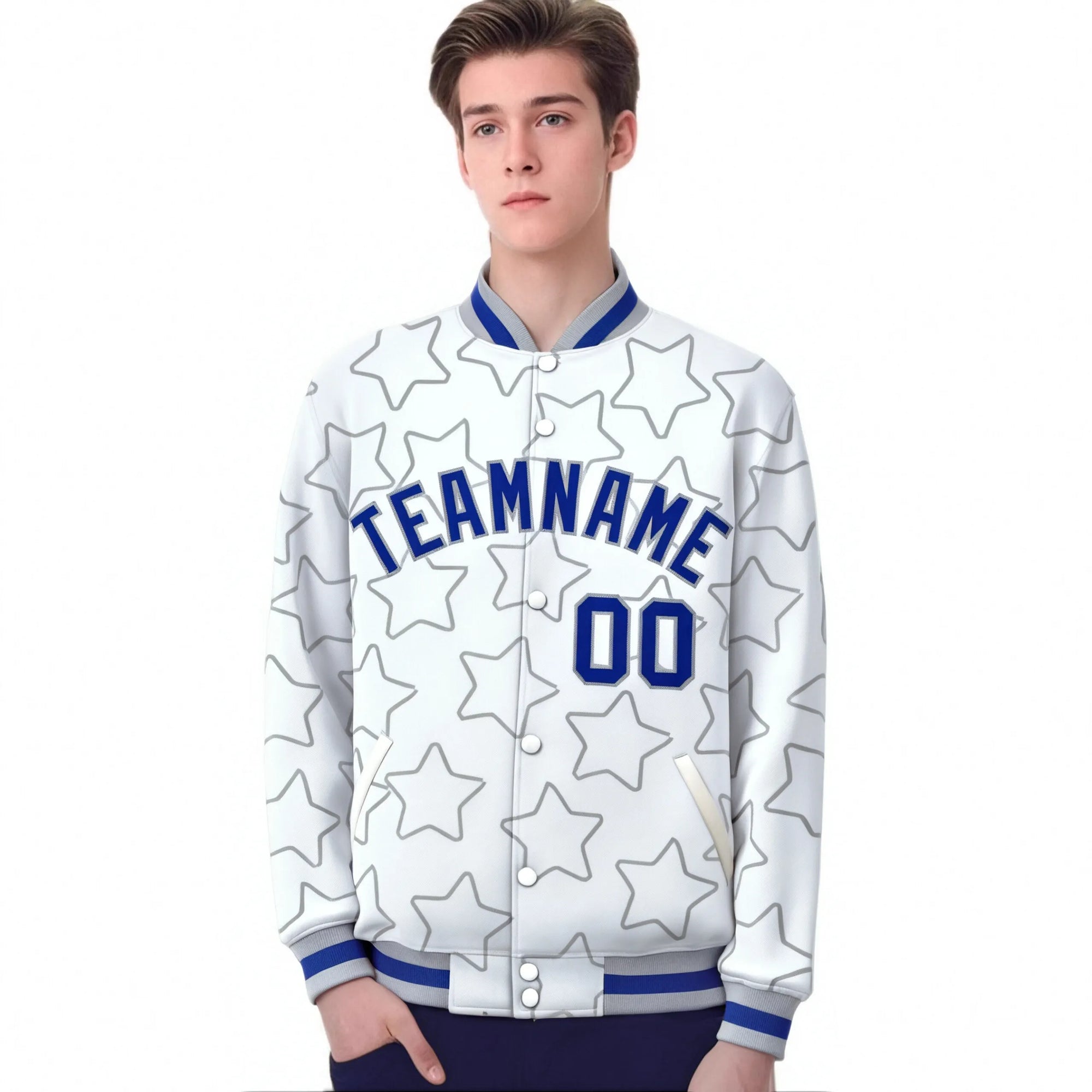 Custom White Royal Blue-Gray Varsity Full-Snap Star Pattern Letterman Baseball Jacket