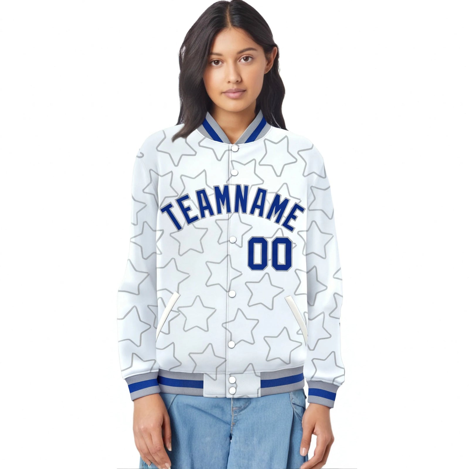 Custom White Royal Blue-Gray Varsity Full-Snap Star Pattern Letterman Baseball Jacket