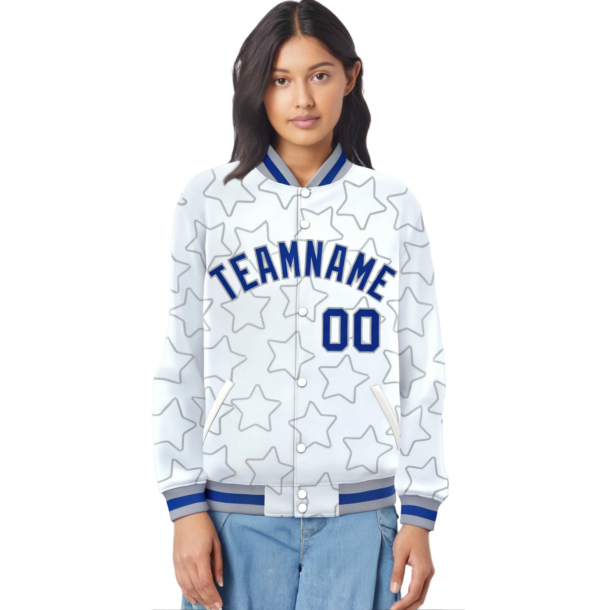 Custom White Royal Blue-Gray Varsity Full-Snap Star Pattern Letterman Baseball Jacket