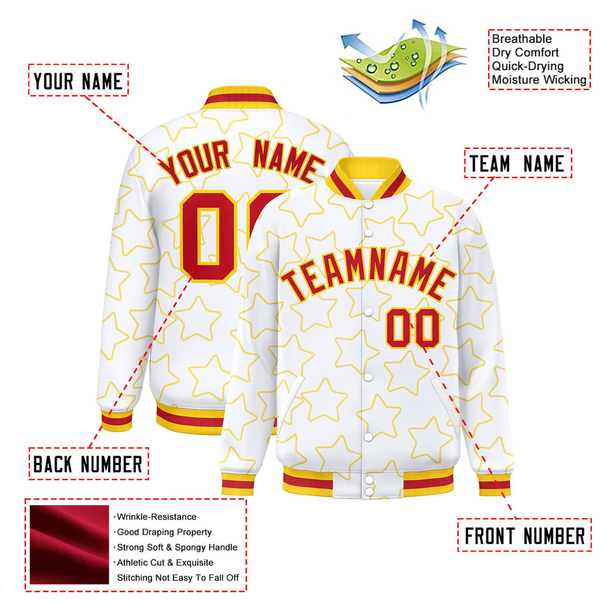 Custom White Red-Gold Varsity Full-Snap Star Pattern Letterman Baseball Jacket