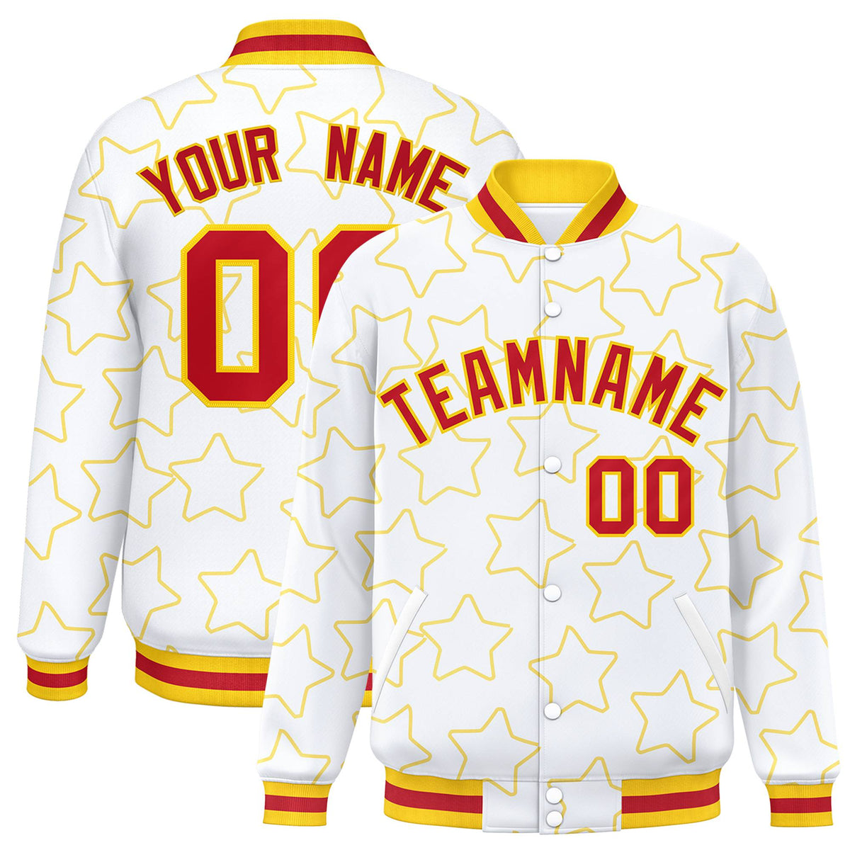 Custom White Red-Gold Varsity Full-Snap Star Pattern Letterman Baseball Jacket