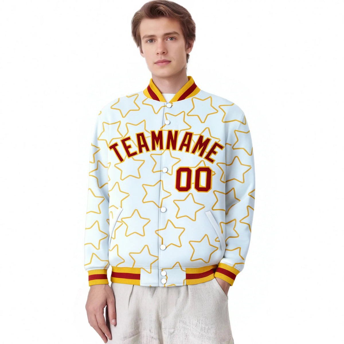 Custom White Red-Gold Varsity Full-Snap Star Pattern Letterman Baseball Jacket