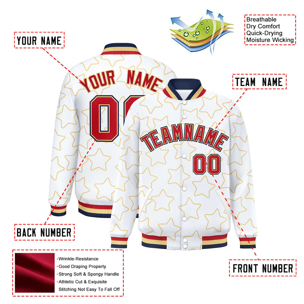Custom White Red-Navy Varsity Full-Snap Star Pattern Letterman Baseball Jacket
