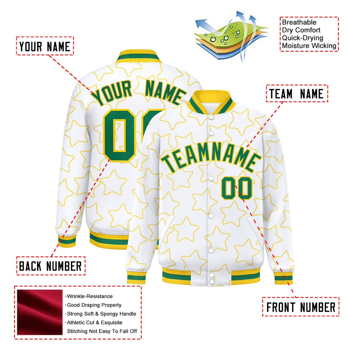 Custom White Neon Green-Gold Varsity Full-Snap Star Pattern Letterman Baseball Jacket