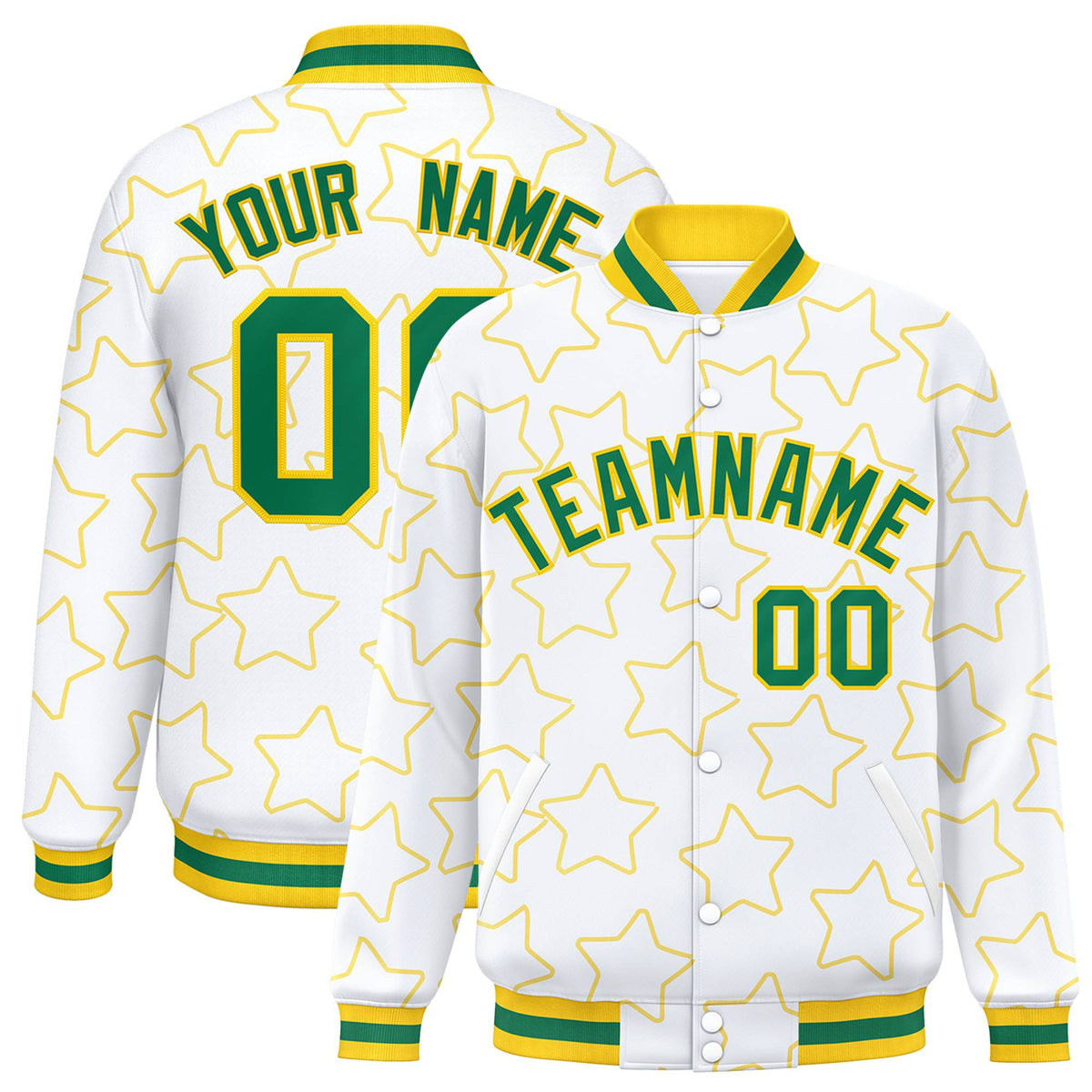 Custom White Neon Green-Gold Varsity Full-Snap Star Pattern Letterman Baseball Jacket