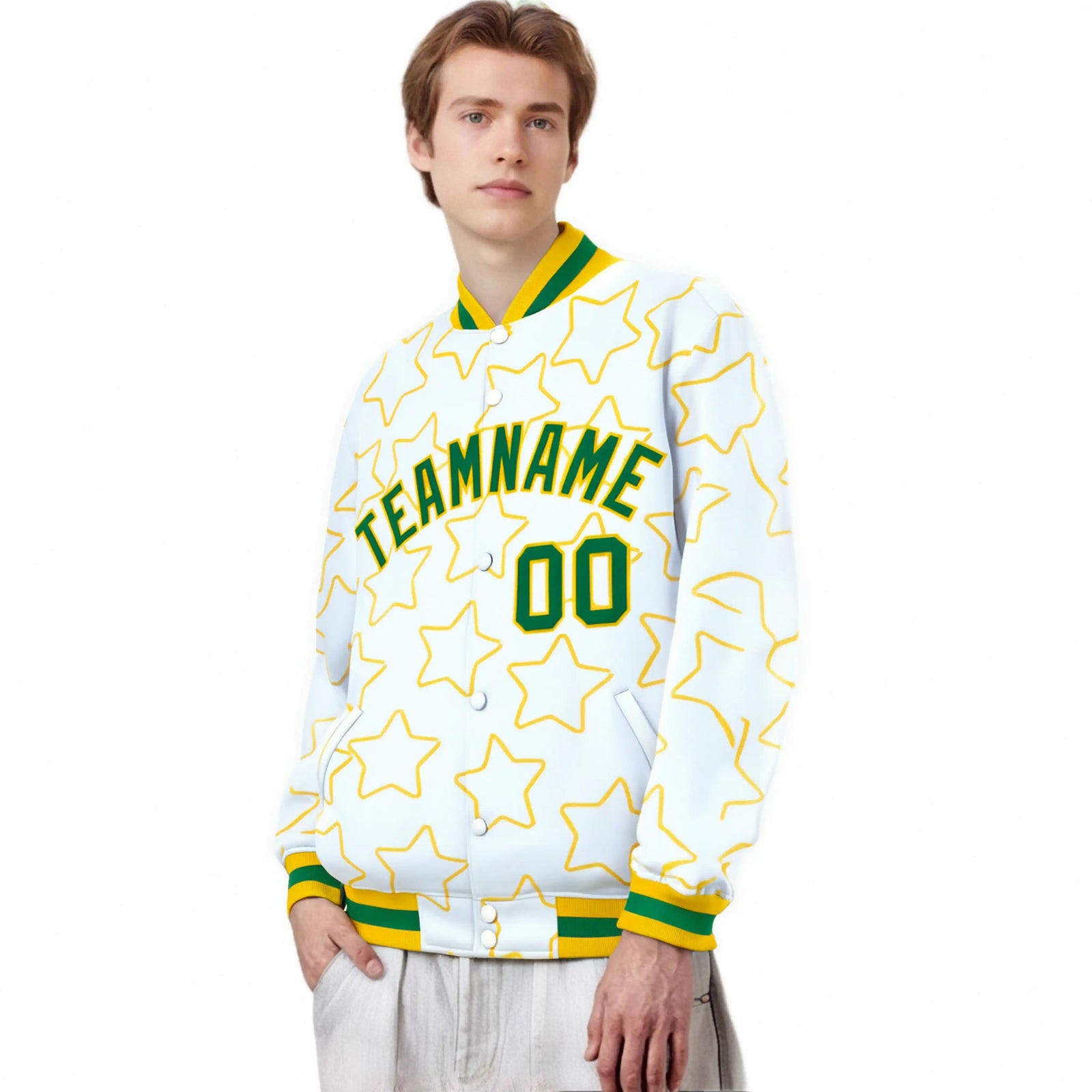 Custom White Neon Green-Gold Varsity Full-Snap Star Pattern Letterman Baseball Jacket
