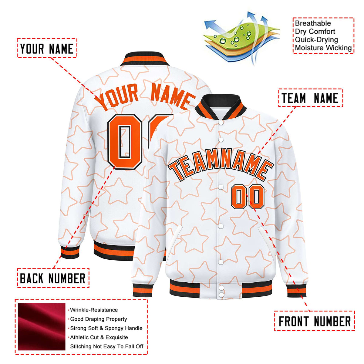 Custom White Orange-Black Varsity Full-Snap Star Pattern Letterman Baseball Jacket
