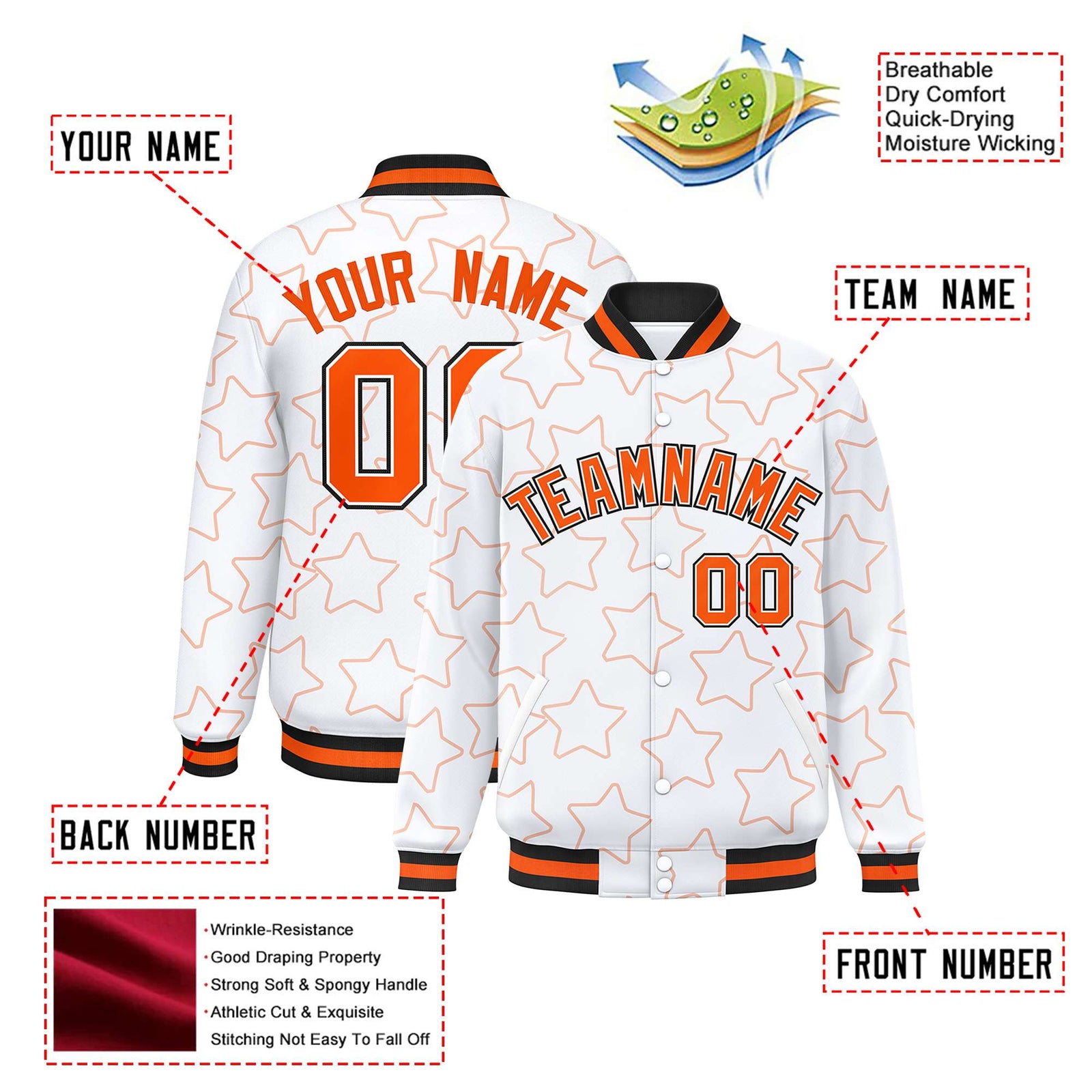 Custom White Orange-Black Varsity Full-Snap Star Pattern Letterman Baseball Jacket