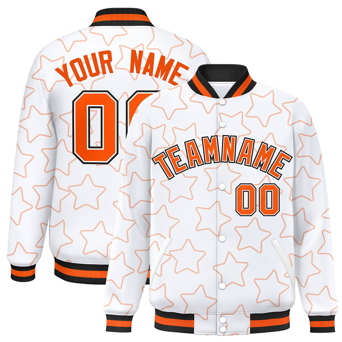 Custom White Orange-Black Varsity Full-Snap Star Pattern Letterman Baseball Jacket