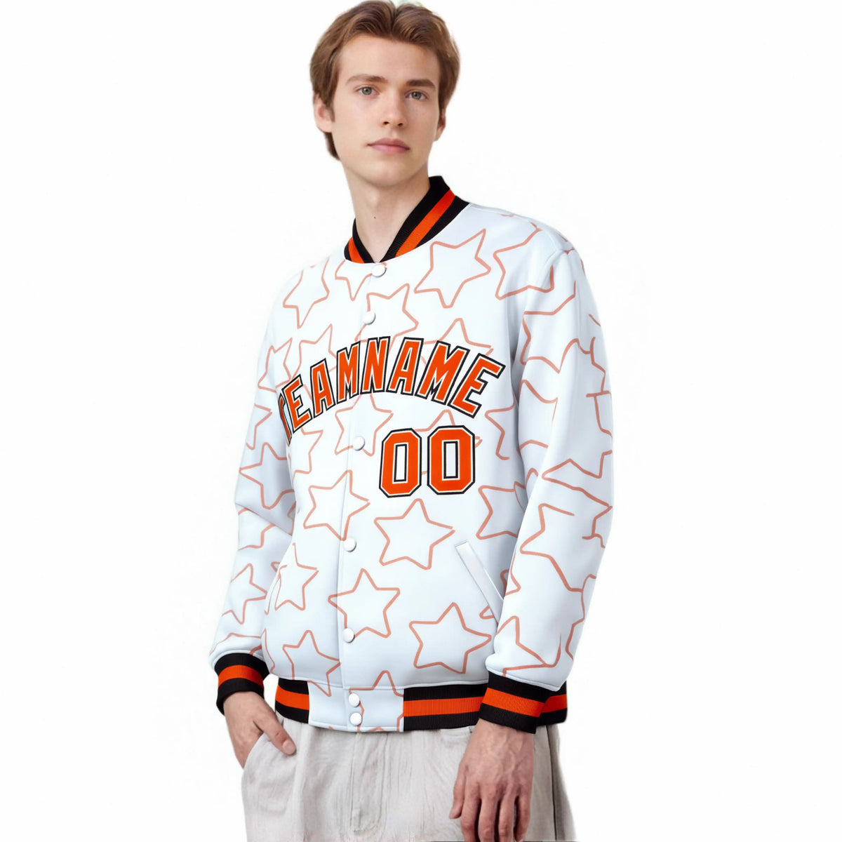 Custom White Orange-Black Varsity Full-Snap Star Pattern Letterman Baseball Jacket