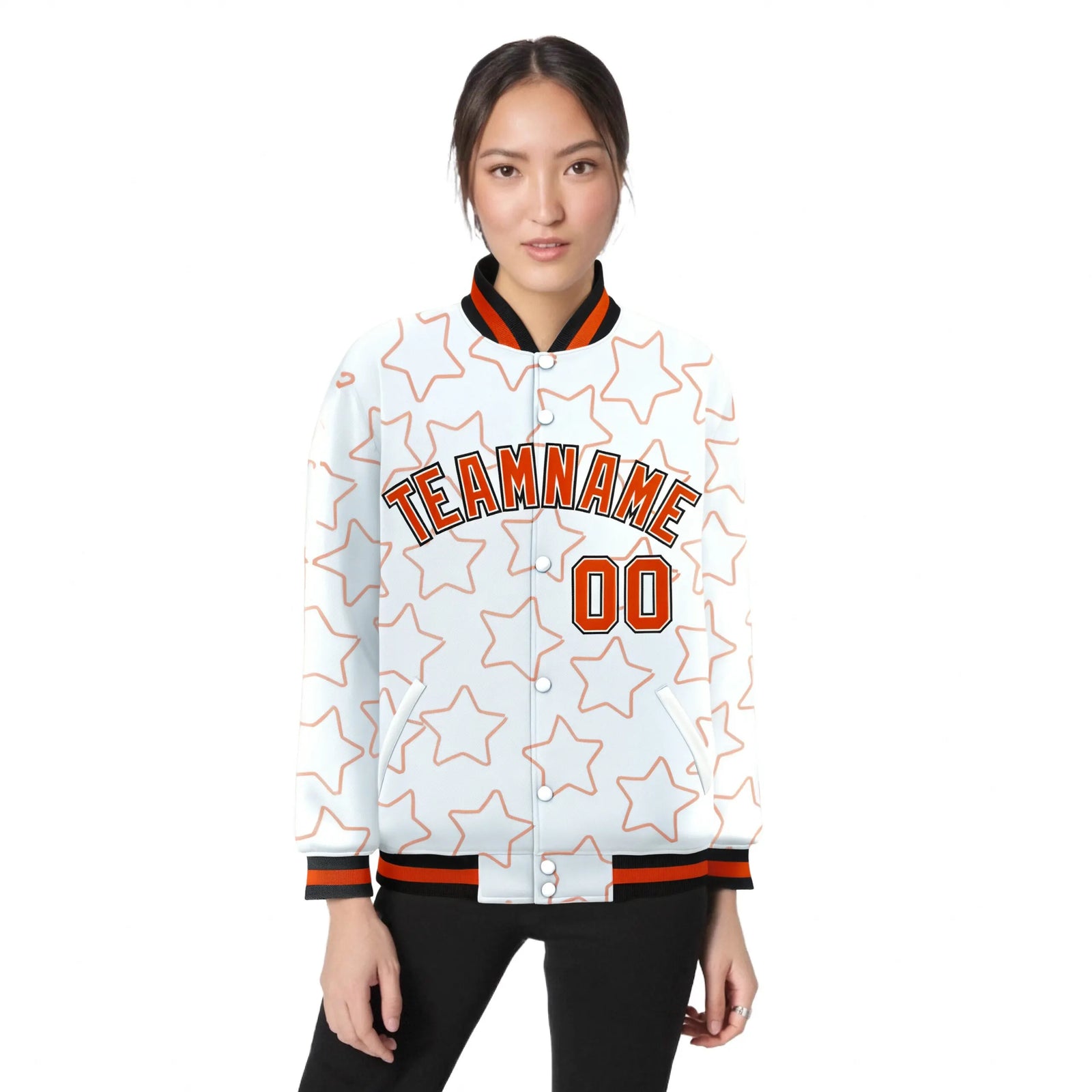 Custom White Orange-Black Varsity Full-Snap Star Pattern Letterman Baseball Jacket
