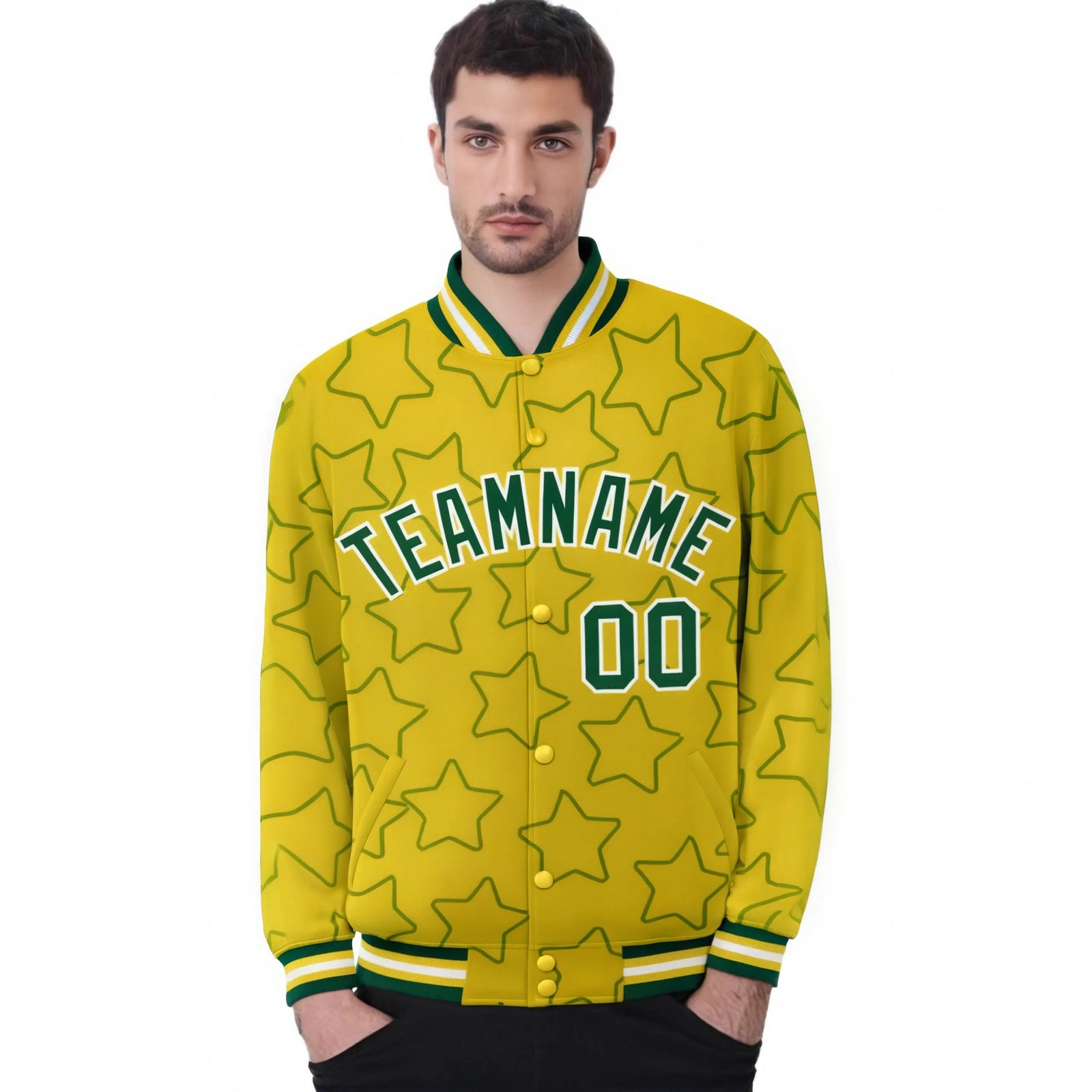 Custom Gold Green-White Varsity Full-Snap Star Pattern Letterman Baseball Jacket