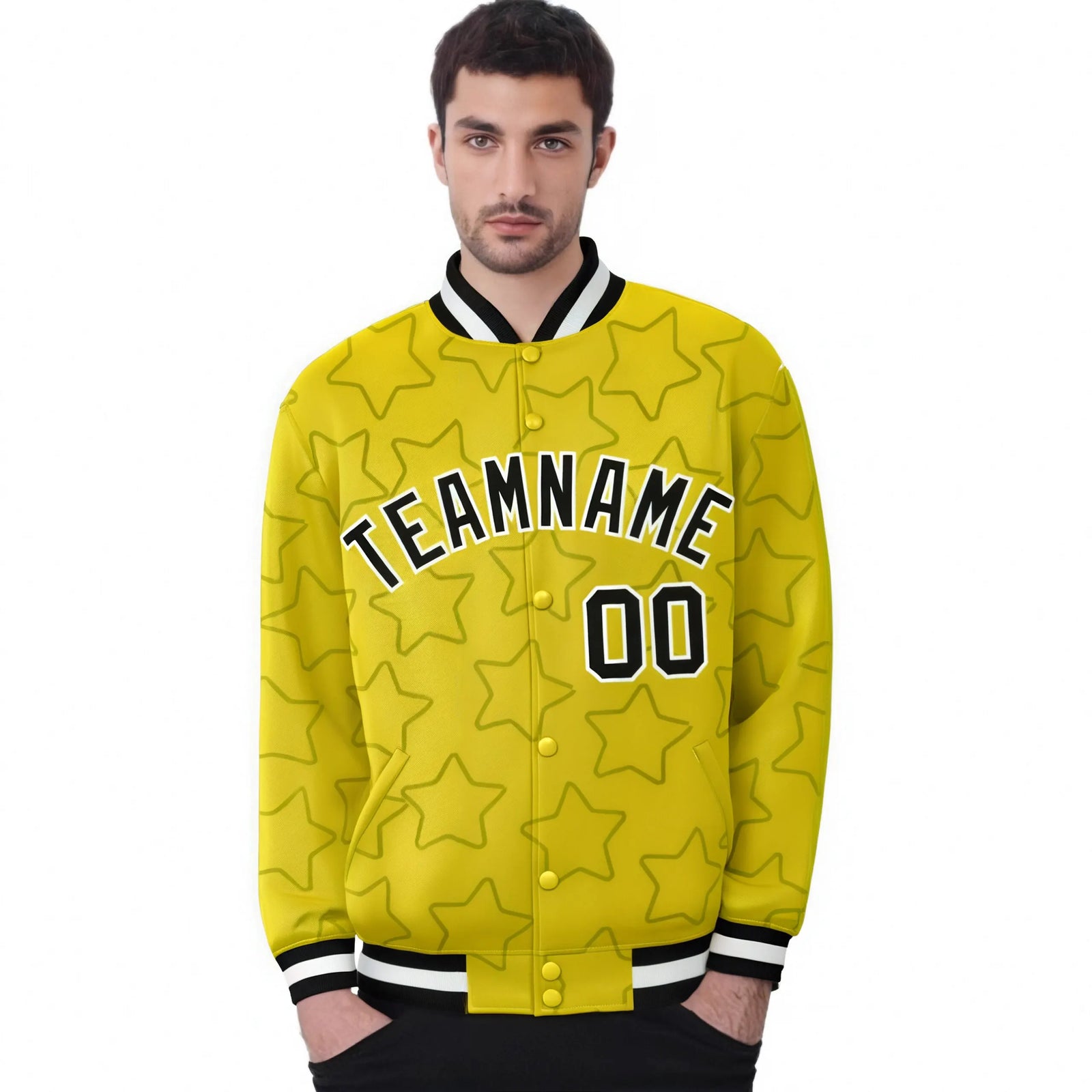 Custom Gold Black-White Varsity Full-Snap Star Pattern Letterman Baseball Jacket