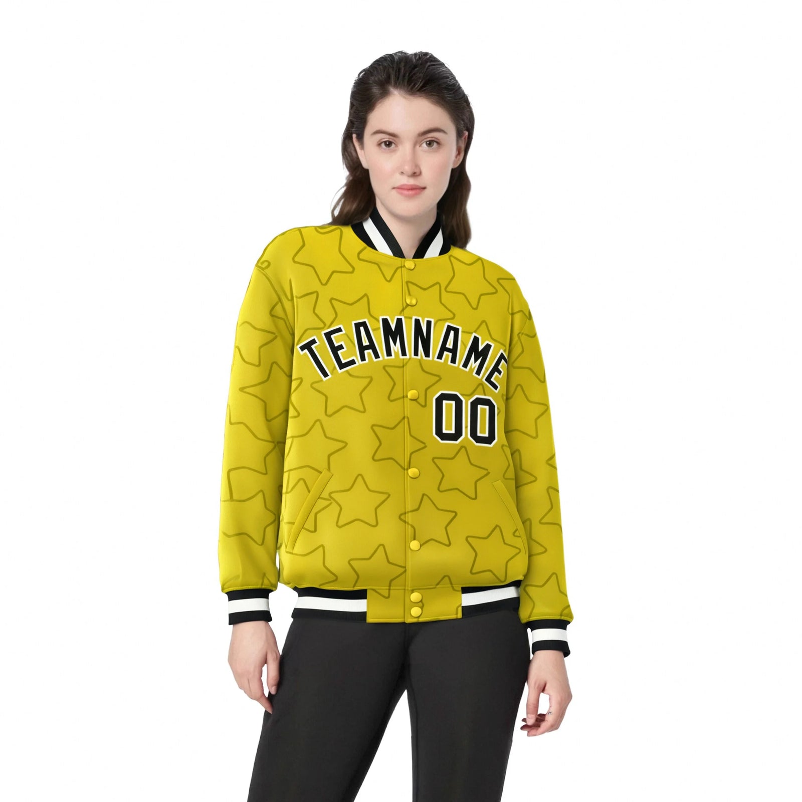 Custom Gold Black-White Varsity Full-Snap Star Pattern Letterman Baseball Jacket