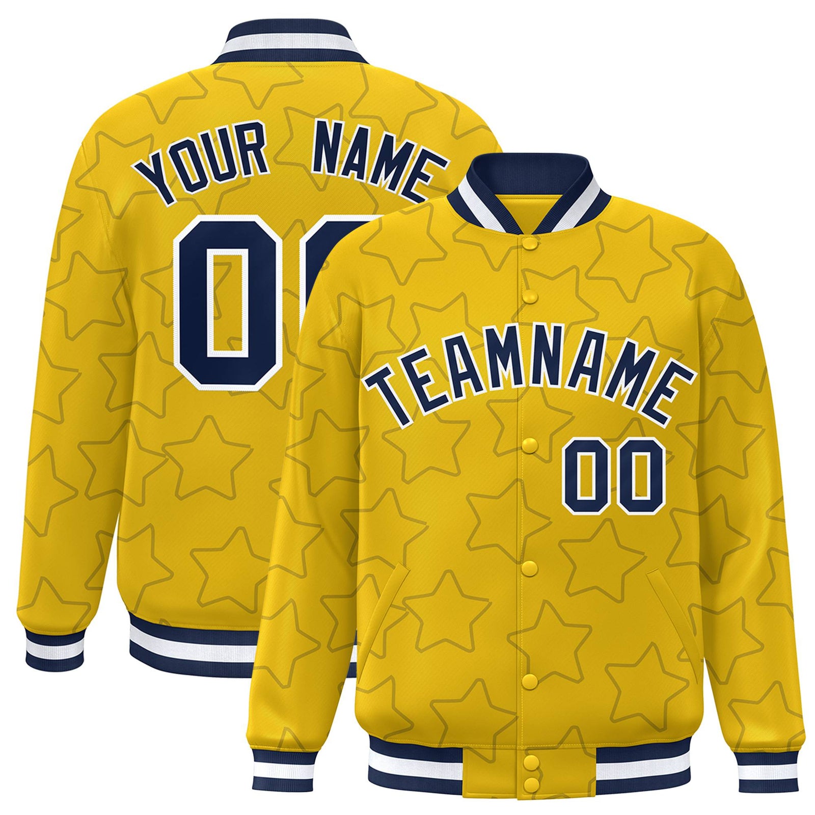 Custom Gold Navy-White Varsity Full-Snap Star Pattern Letterman Baseball Jacket