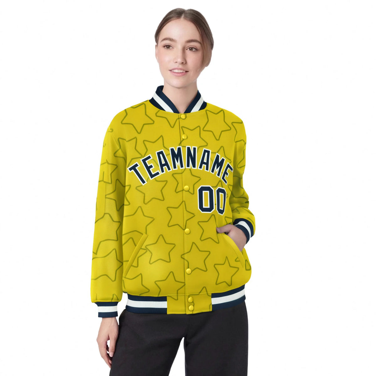 Custom Gold Navy-White Varsity Full-Snap Star Pattern Letterman Baseball Jacket