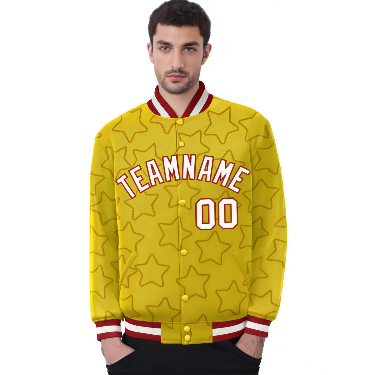 Custom Gold White-Red Varsity Full-Snap Star Pattern Letterman Baseball Jacket