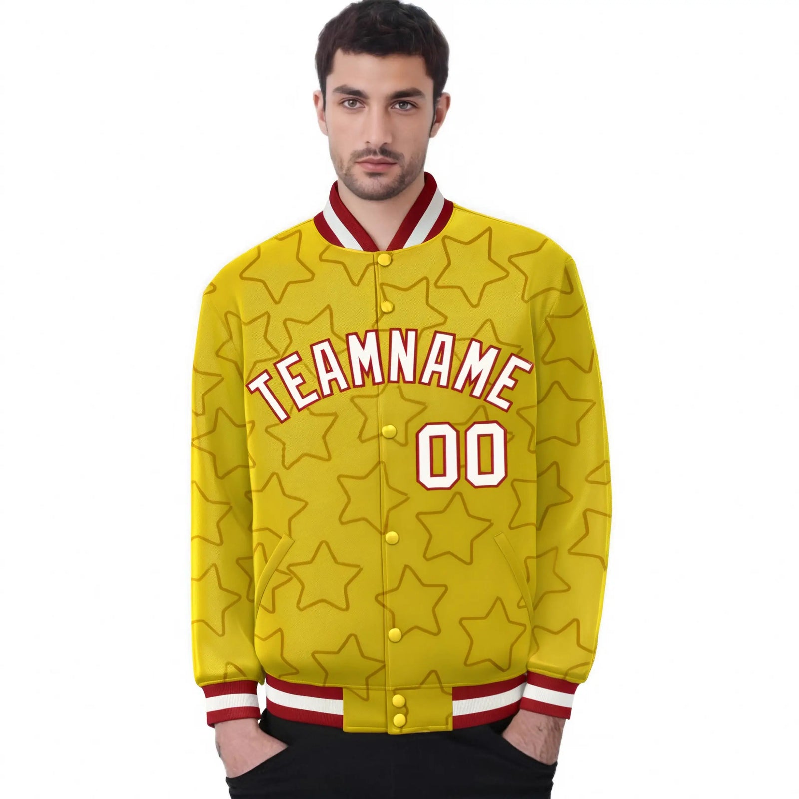 Custom Gold White-Red Varsity Full-Snap Star Pattern Letterman Baseball Jacket
