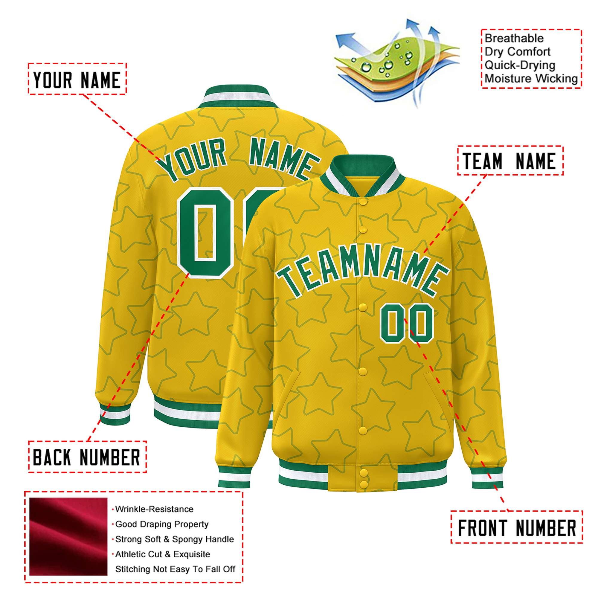 Custom Gold Teal-White Varsity Full-Snap Star Pattern Letterman Baseball Jacket