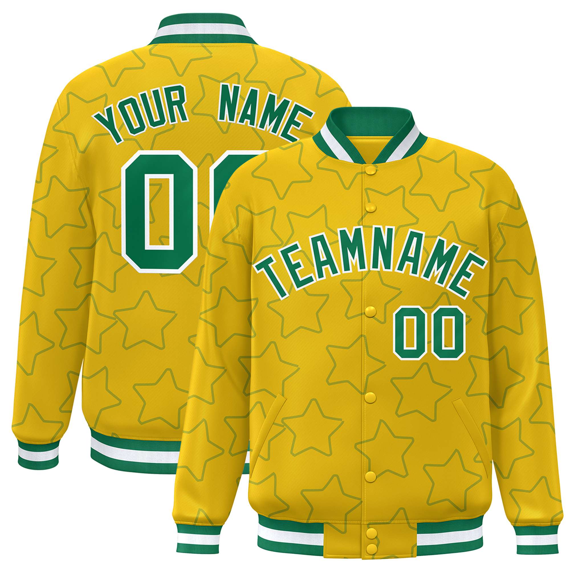 Custom Gold Teal-White Varsity Full-Snap Star Pattern Letterman Baseball Jacket