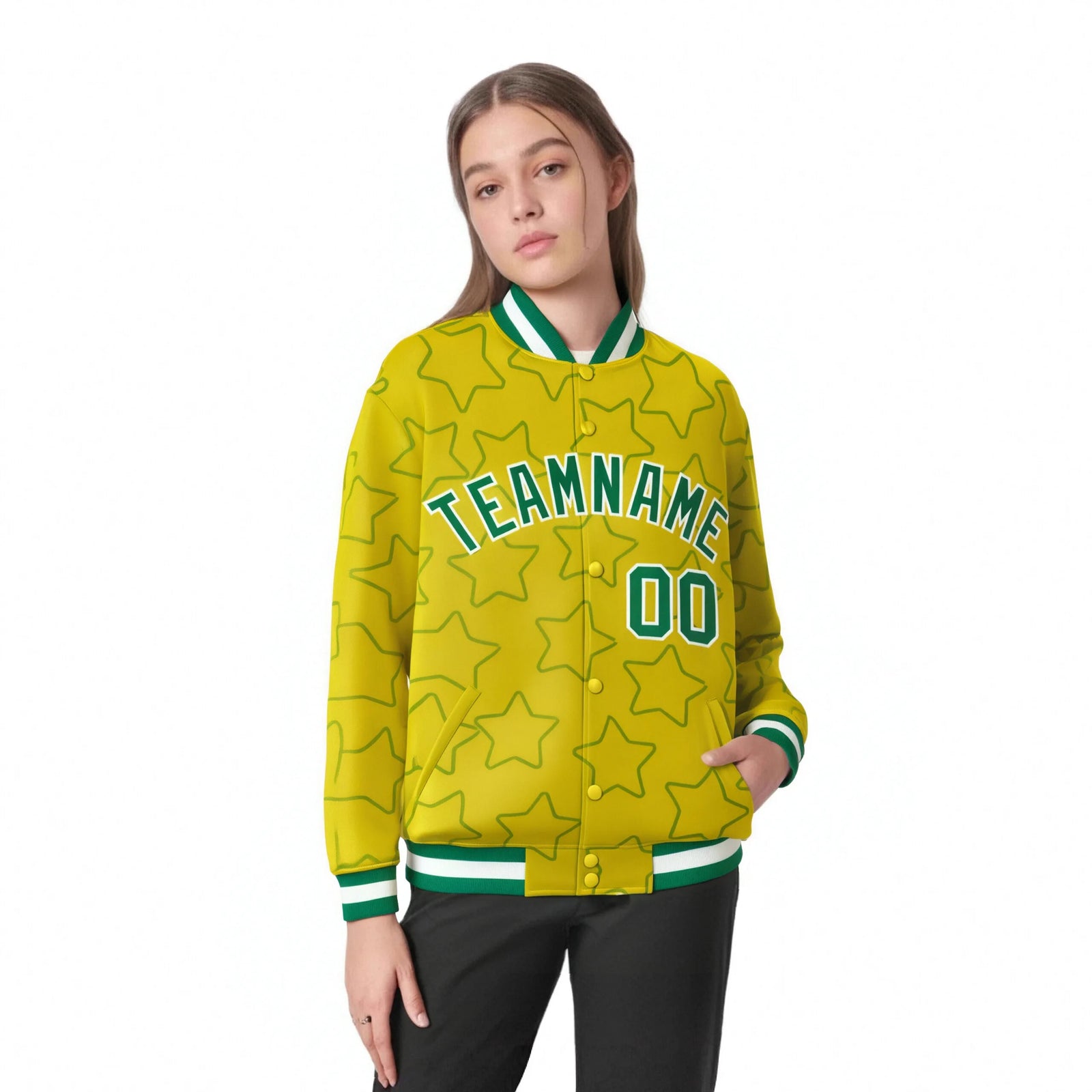 Custom Gold Teal-White Varsity Full-Snap Star Pattern Letterman Baseball Jacket