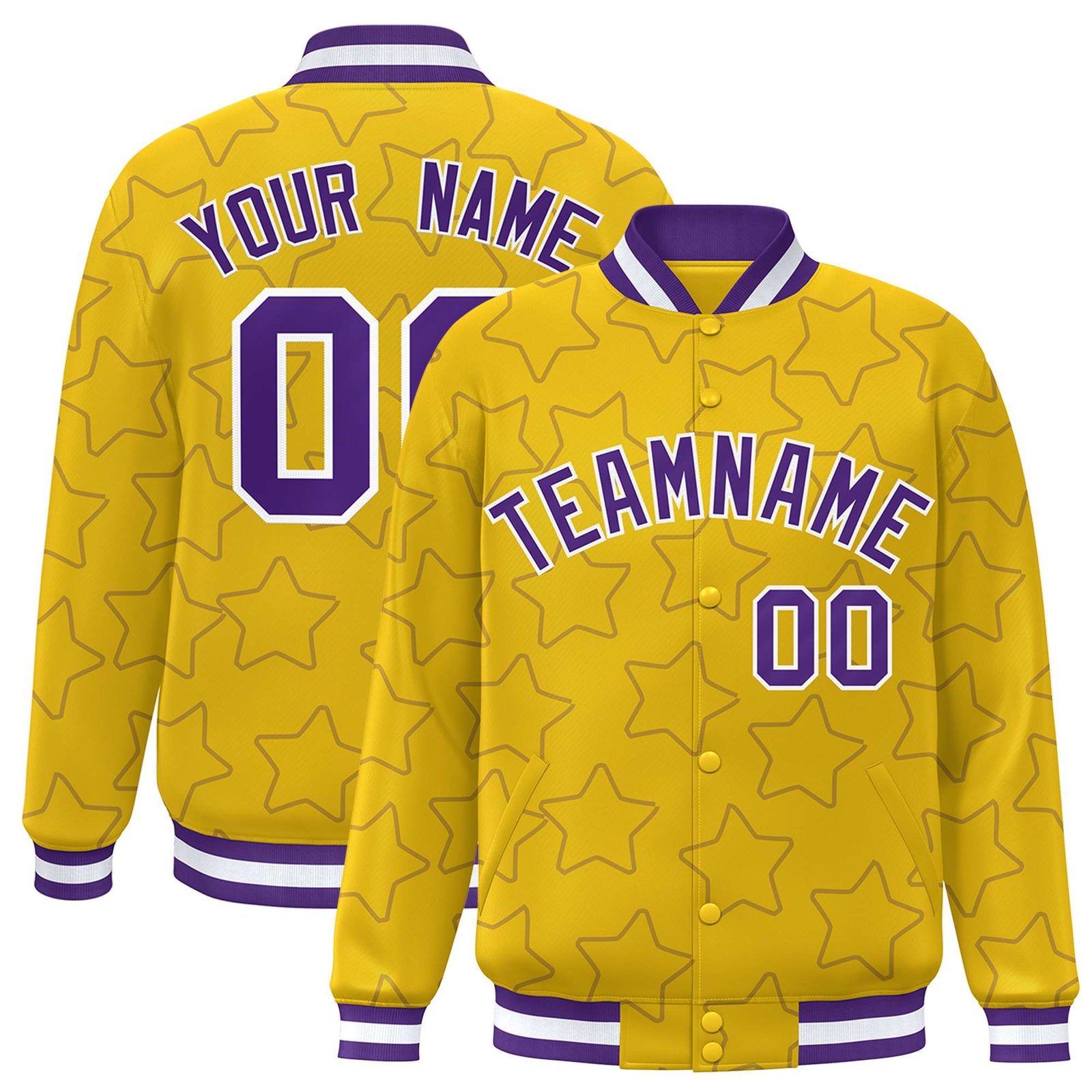 Custom Gold Purple-White Varsity Full-Snap Star Pattern Letterman Baseball Jacket