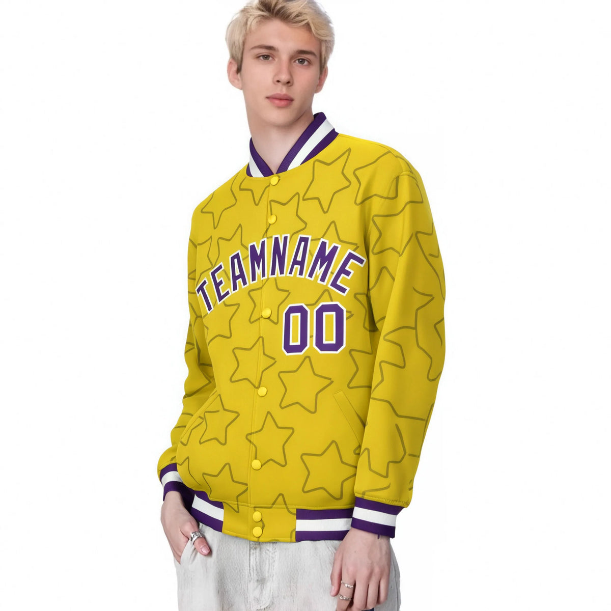 Custom Gold Purple-White Varsity Full-Snap Star Pattern Letterman Baseball Jacket