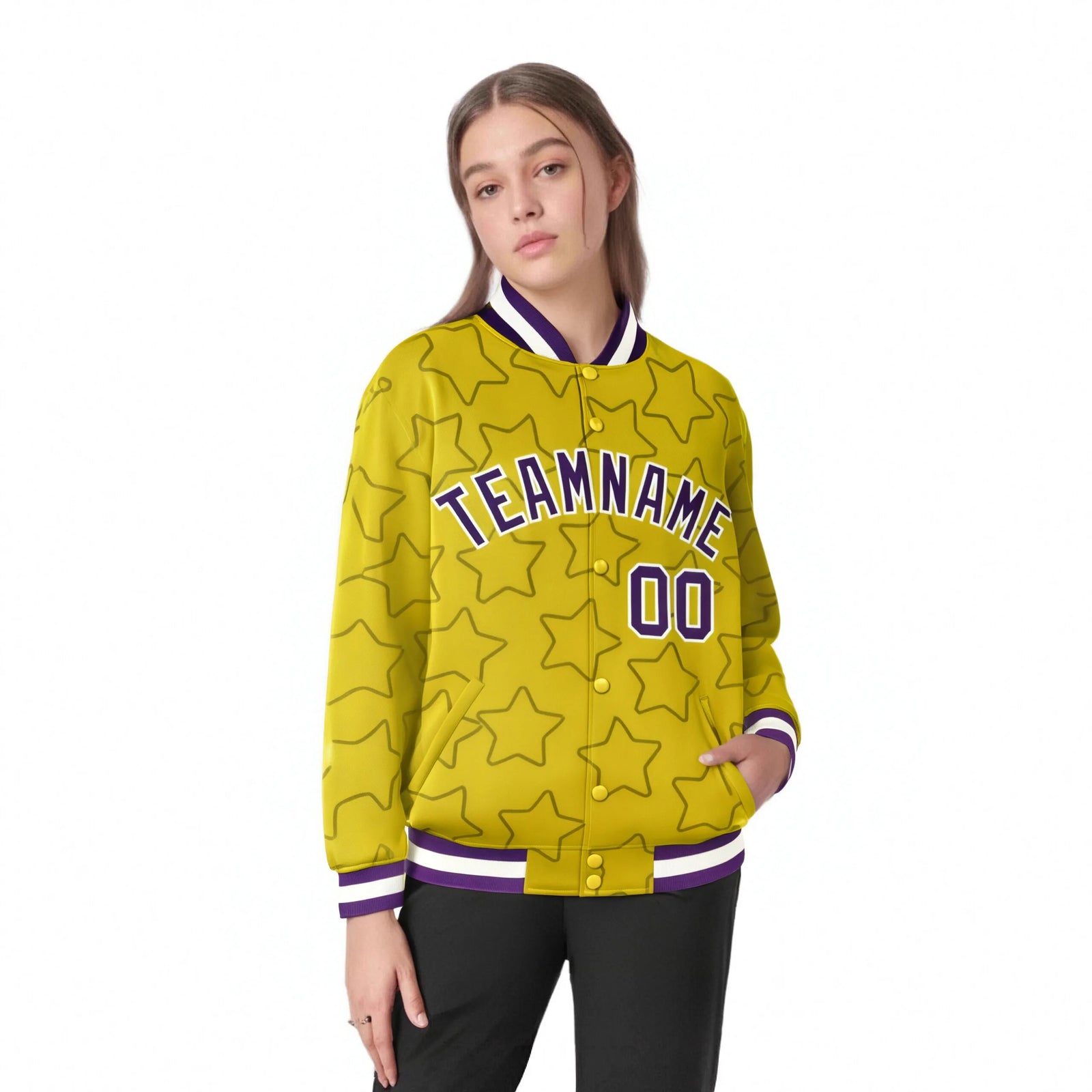 Custom Gold Purple-White Varsity Full-Snap Star Pattern Letterman Baseball Jacket