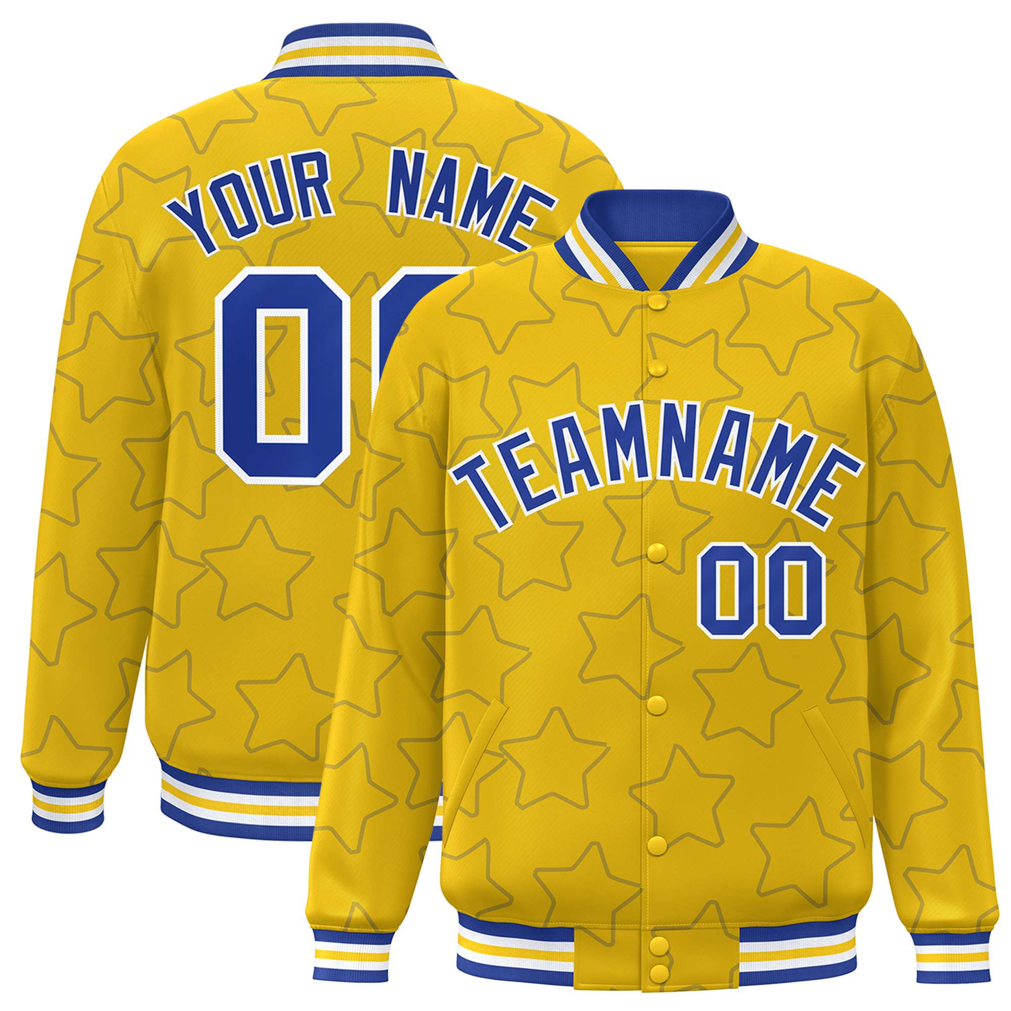 Custom Gold Royal Blue-White Varsity Full-Snap Star Pattern Letterman Baseball Jacket