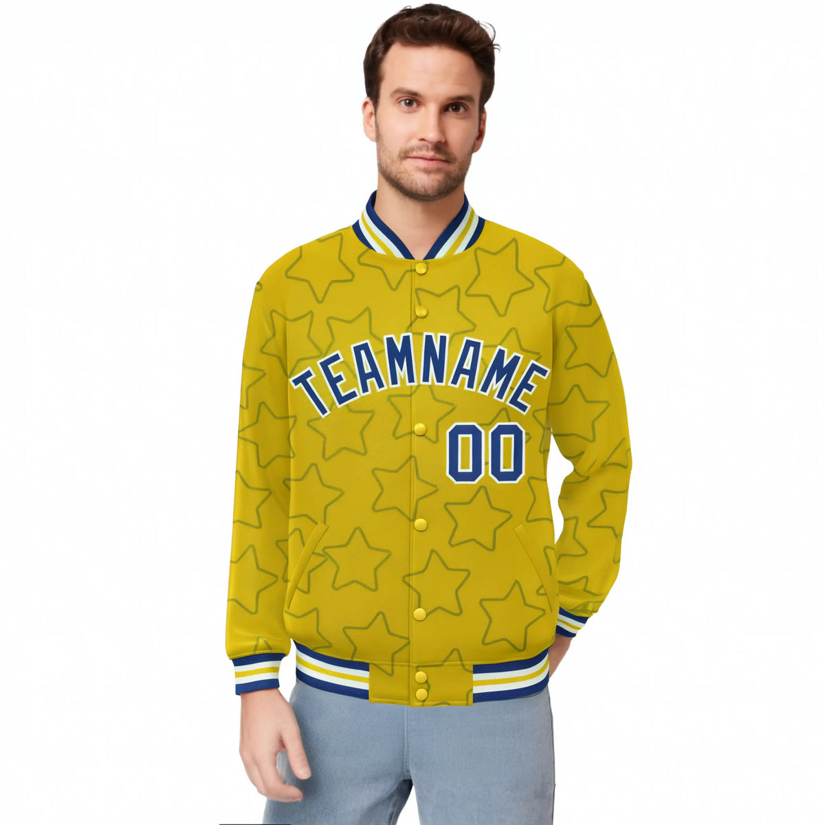 Custom Gold Royal Blue-White Varsity Full-Snap Star Pattern Letterman Baseball Jacket