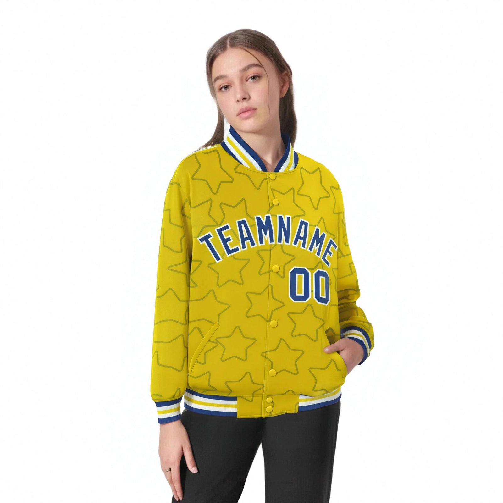 Custom Gold Royal Blue-White Varsity Full-Snap Star Pattern Letterman Baseball Jacket