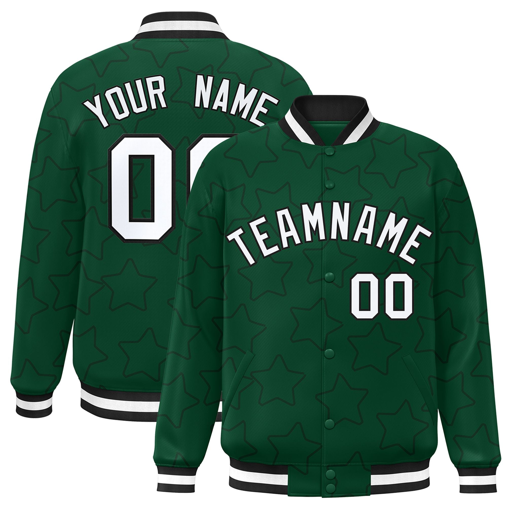 Custom Green White-Black Varsity Full-Snap Star Pattern Letterman Baseball Jacket