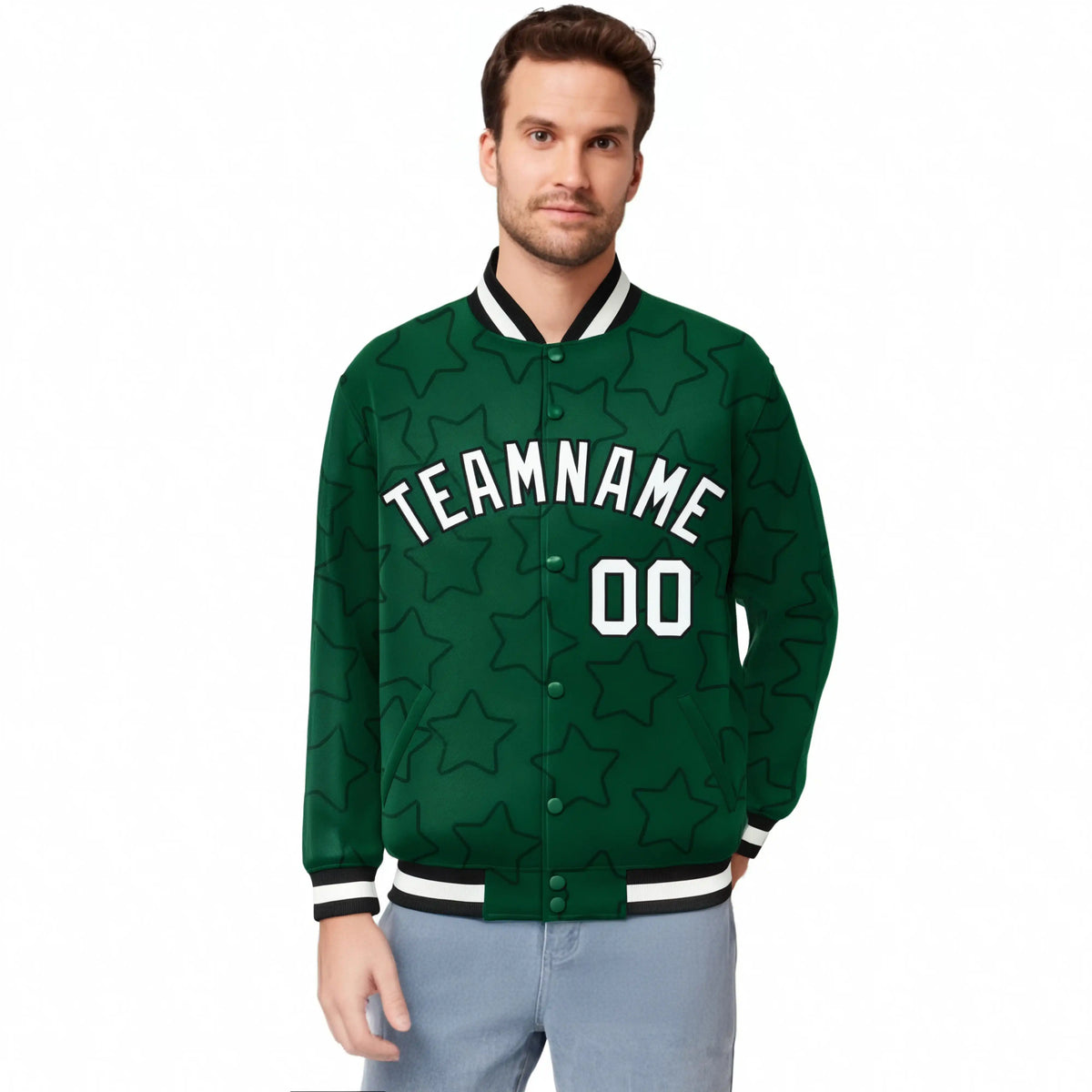 Custom Green White-Black Varsity Full-Snap Star Pattern Letterman Baseball Jacket