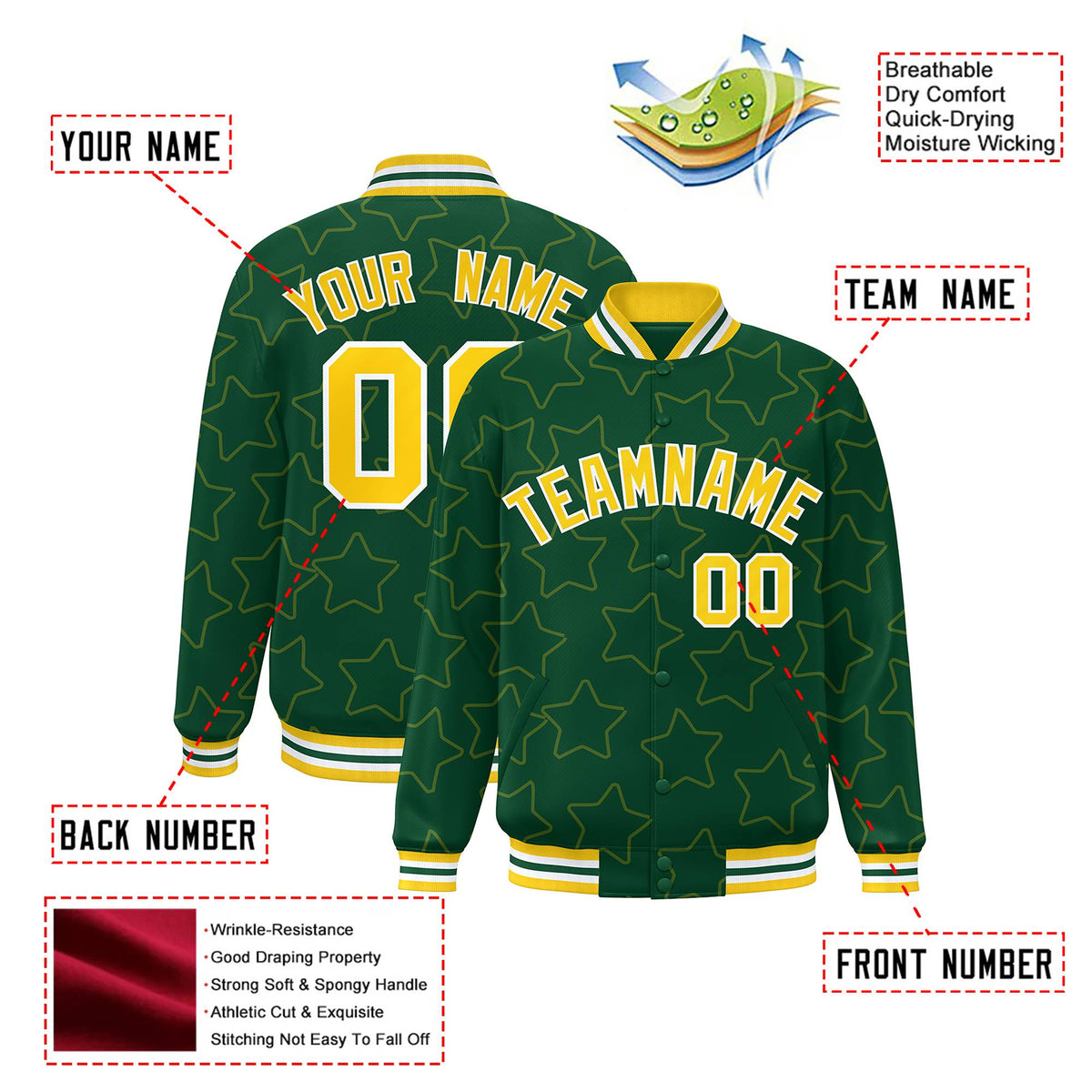 Custom Green Gold-White Varsity Full-Snap Star Pattern Letterman Baseball Jacket