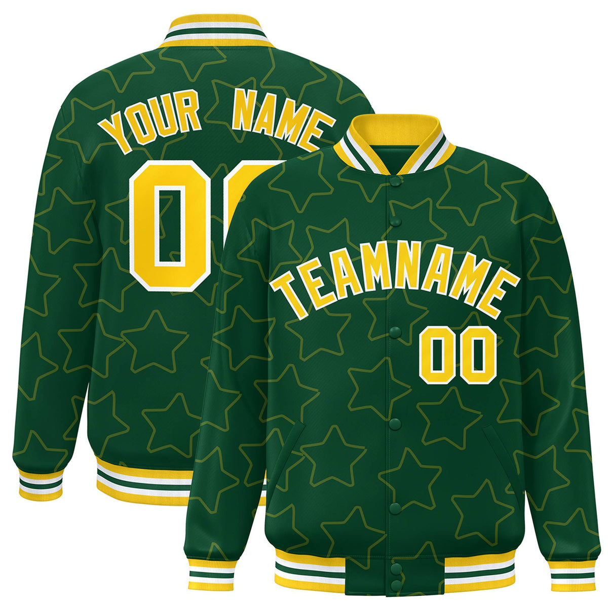 Custom Green Gold-White Varsity Full-Snap Star Pattern Letterman Baseball Jacket