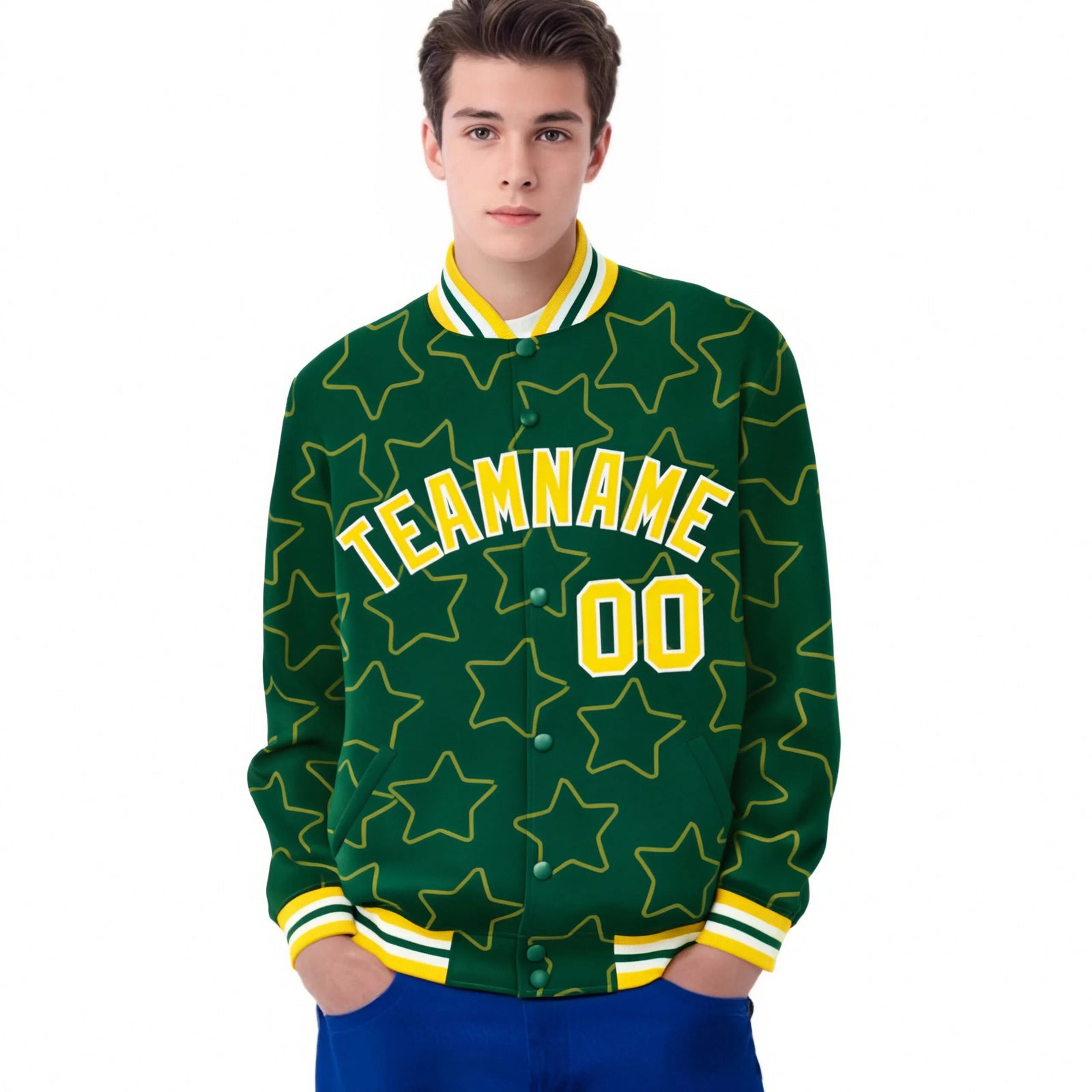 Custom Green Gold-White Varsity Full-Snap Star Pattern Letterman Baseball Jacket