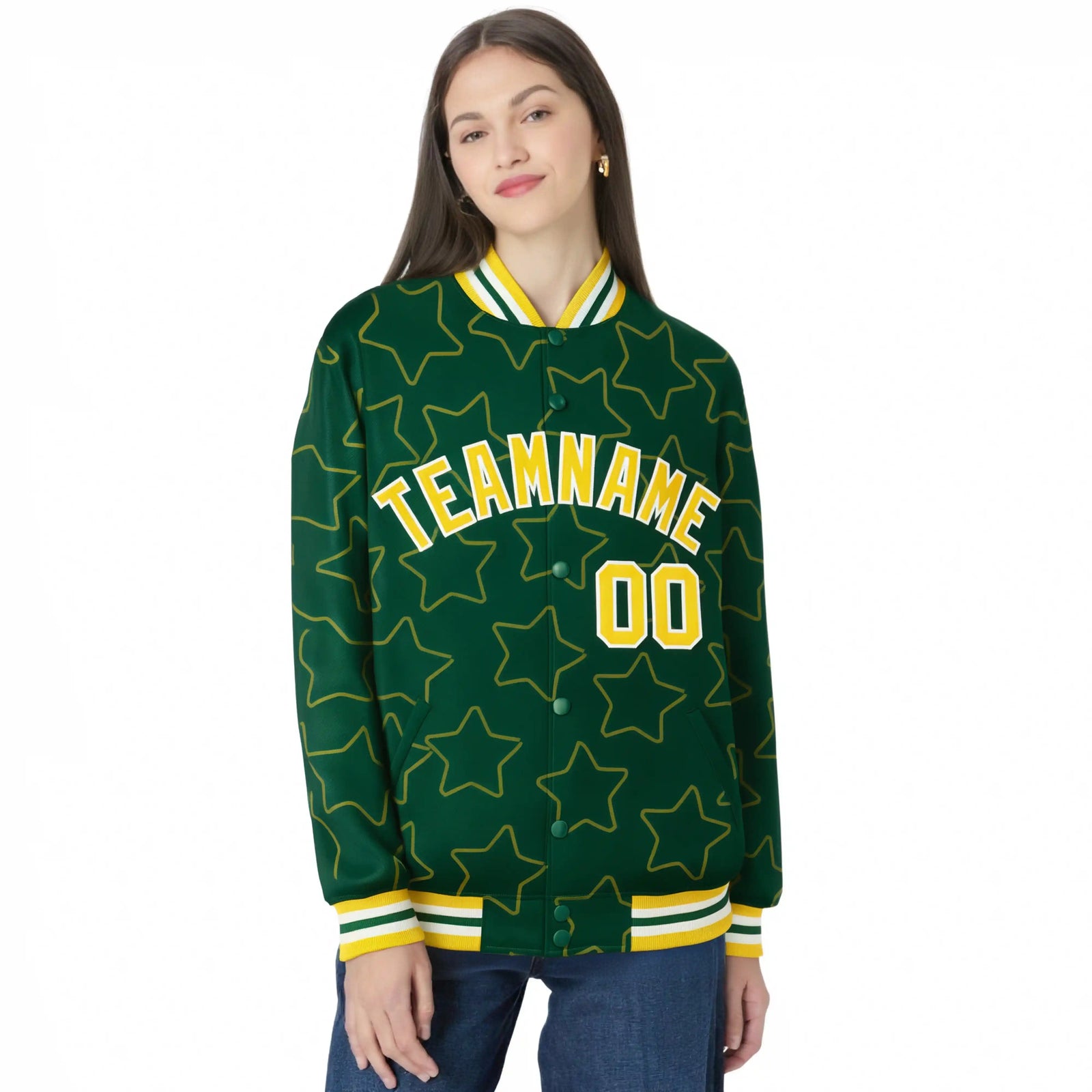 Custom Green Gold-White Varsity Full-Snap Star Pattern Letterman Baseball Jacket